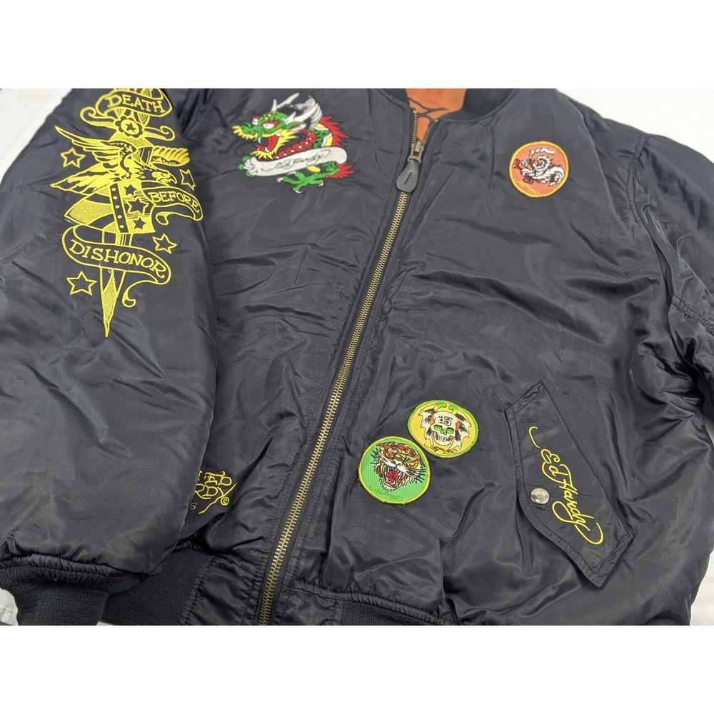 Ed Hardy Bomber Jacket Black Tattoo Patch Dragon Mens‎ Large - Picture 3 of 16